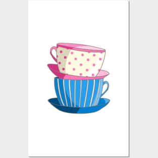 Cute Stacked Tea Cups tea party Pink Blue Posters and Art